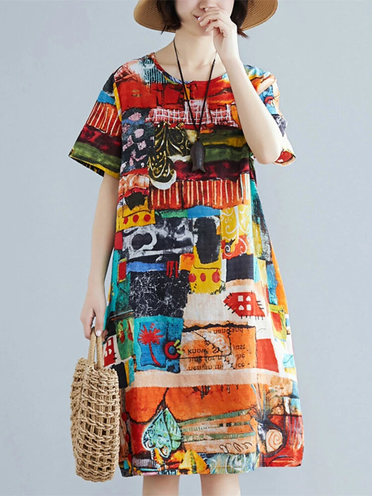 (image for) Abstract Painted Pocket Round Neck Short Sleeve Loose Midi Dress