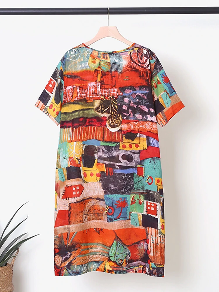 (image for) Abstract Painted Pocket Round Neck Short Sleeve Loose Midi Dress