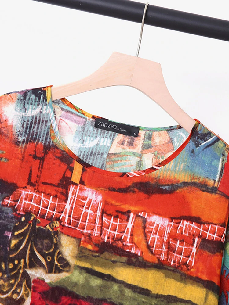 (image for) Abstract Painted Pocket Round Neck Short Sleeve Loose Midi Dress