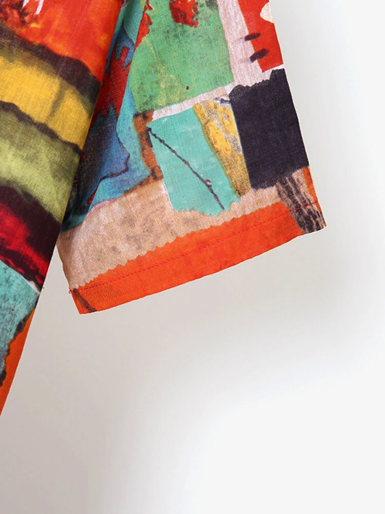 (image for) Abstract Painted Pocket Round Neck Short Sleeve Loose Midi Dress