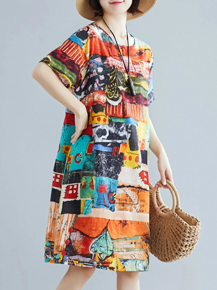 (image for) Abstract Painted Pocket Round Neck Short Sleeve Loose Midi Dress