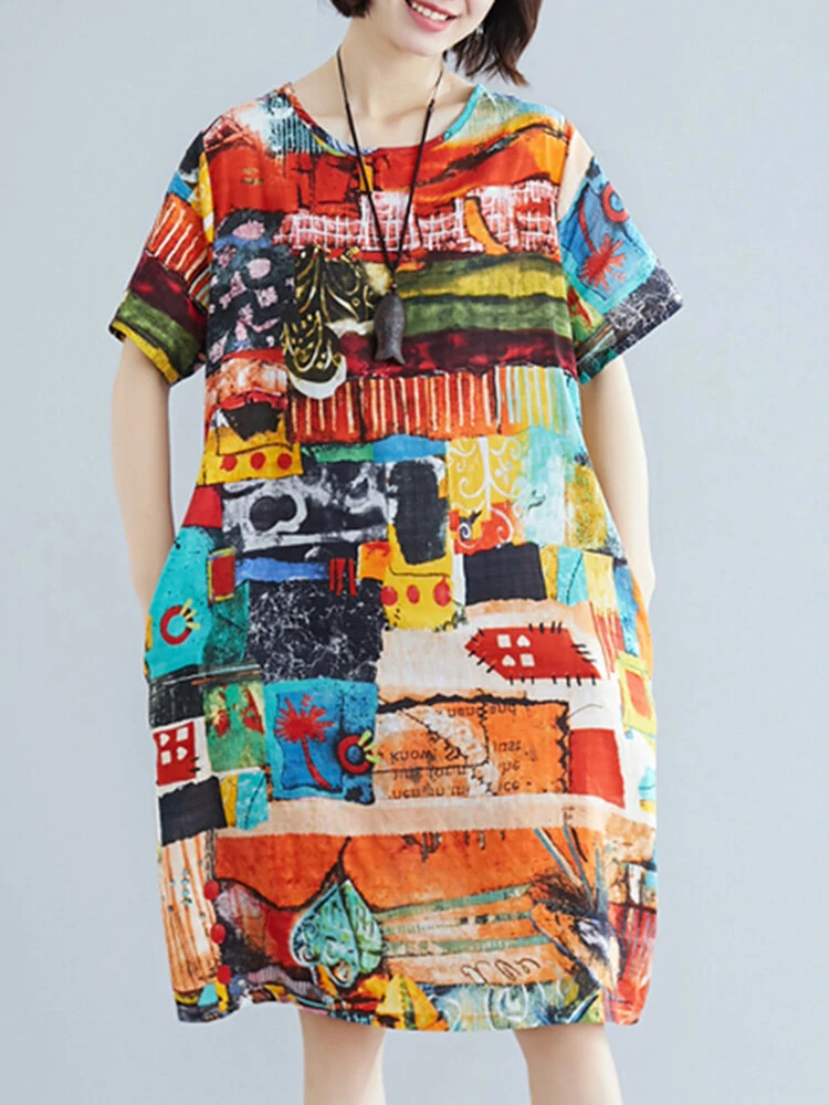 (image for) Abstract Painted Pocket Round Neck Short Sleeve Loose Midi Dress