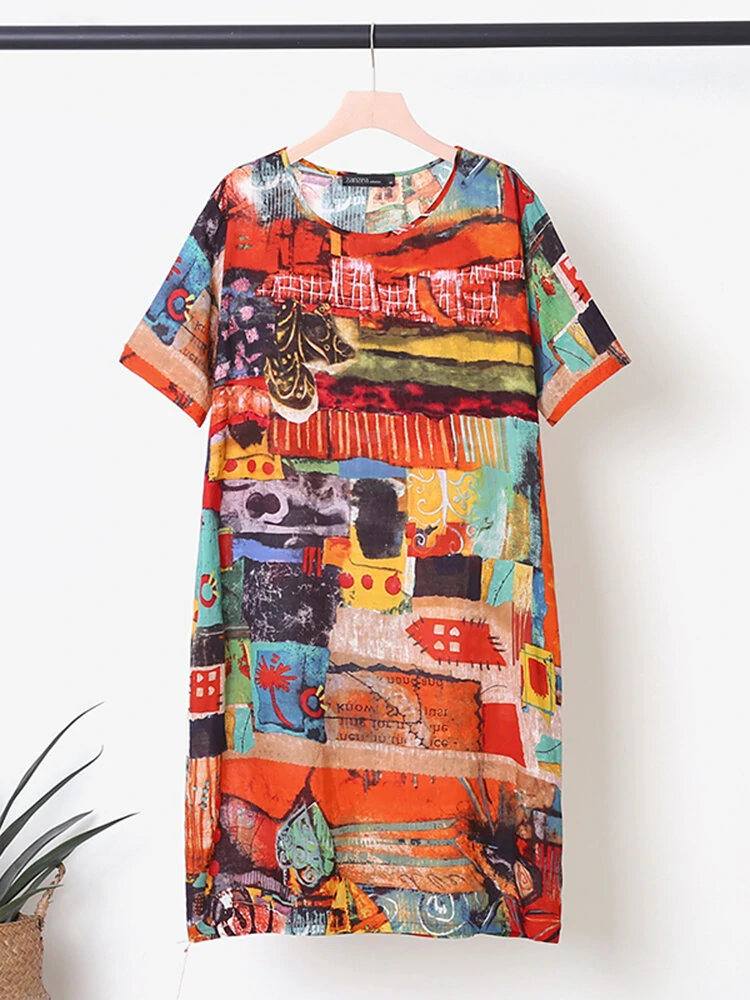 (image for) Abstract Painted Pocket Round Neck Short Sleeve Loose Midi Dress