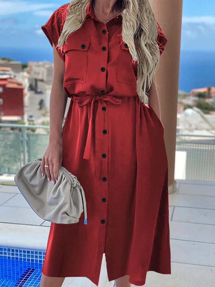 (image for) Celmia Plus Size Women Long Dress Short Sleeve Lapel With Side Pocket Casual Streetwear Overalls Dresses For Women