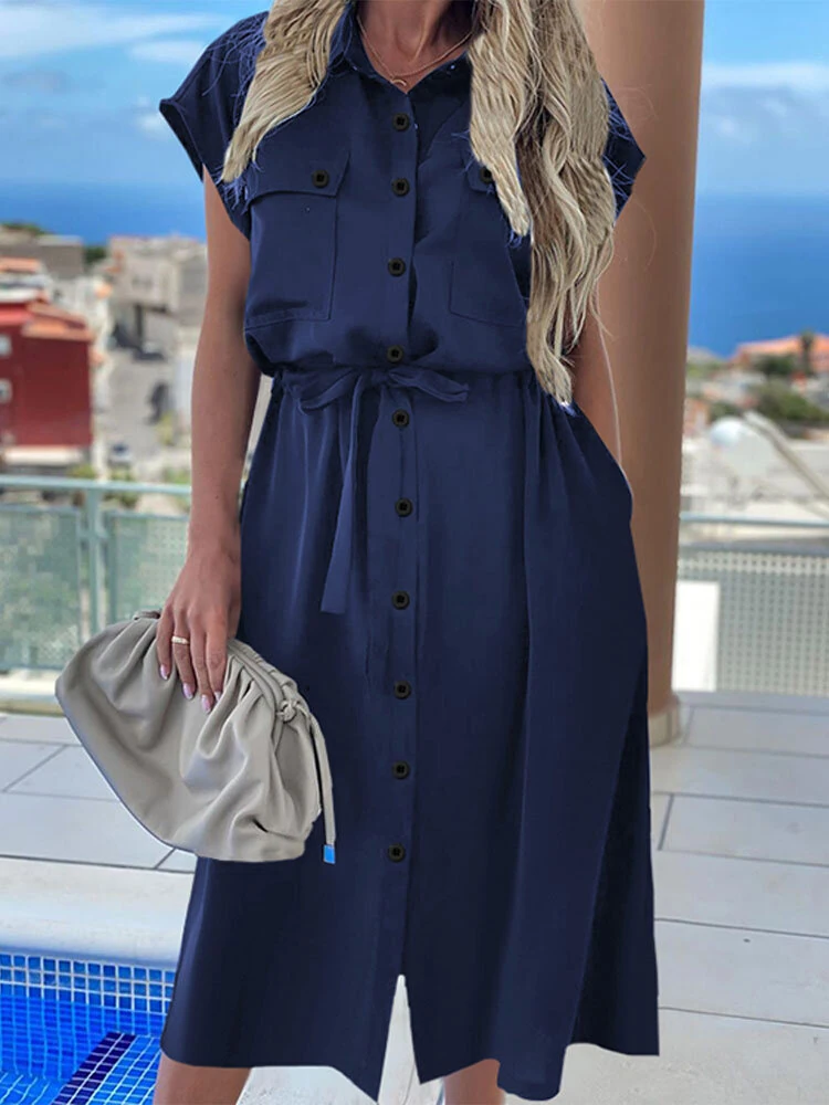 (image for) Celmia Plus Size Women Long Dress Short Sleeve Lapel With Side Pocket Casual Streetwear Overalls Dresses For Women