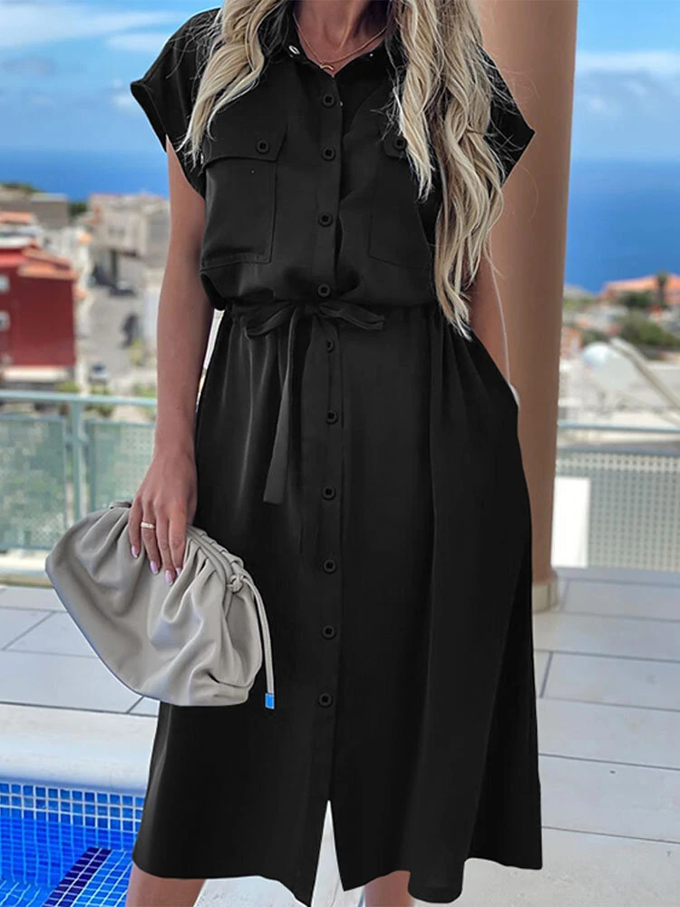 (image for) Celmia Plus Size Women Long Dress Short Sleeve Lapel With Side Pocket Casual Streetwear Overalls Dresses For Women