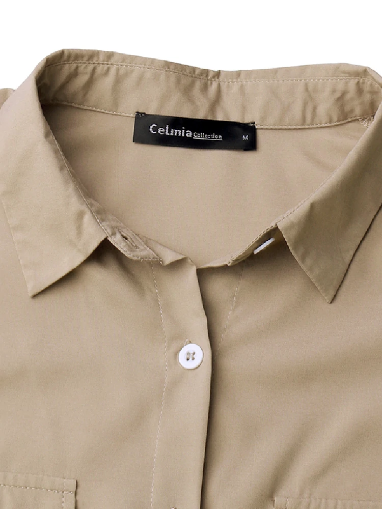 (image for) Celmia Plus Size Women Long Dress Short Sleeve Lapel With Side Pocket Casual Streetwear Overalls Dresses For Women