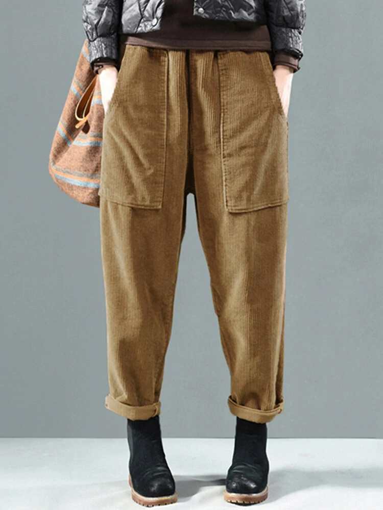 (image for) Corduroy Elastic Waist Solid Color Side Pocket Harem Pants