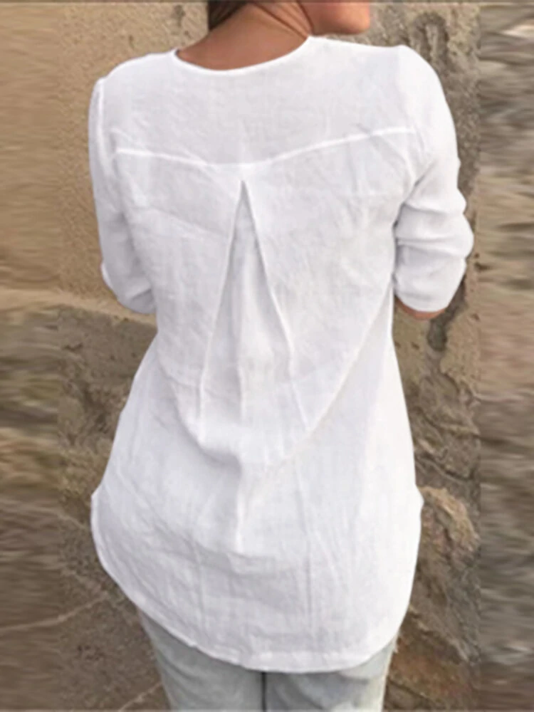 (image for) Cotton Solid Button Ruched High-Low Hem Casual Blouse