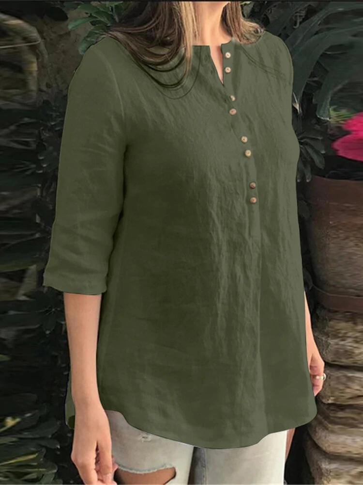 (image for) Cotton Solid Button Ruched High-Low Hem Casual Blouse