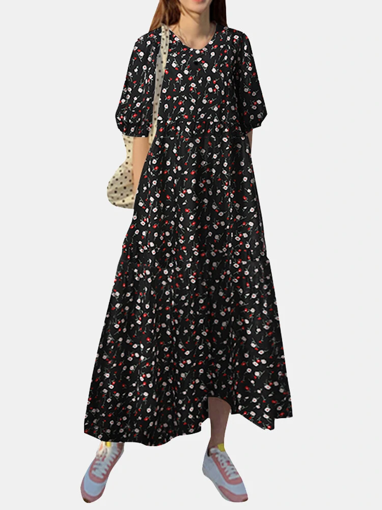(image for) Floral Print Pocket Half Sleeve Ruffle Casual Maxi Dress
