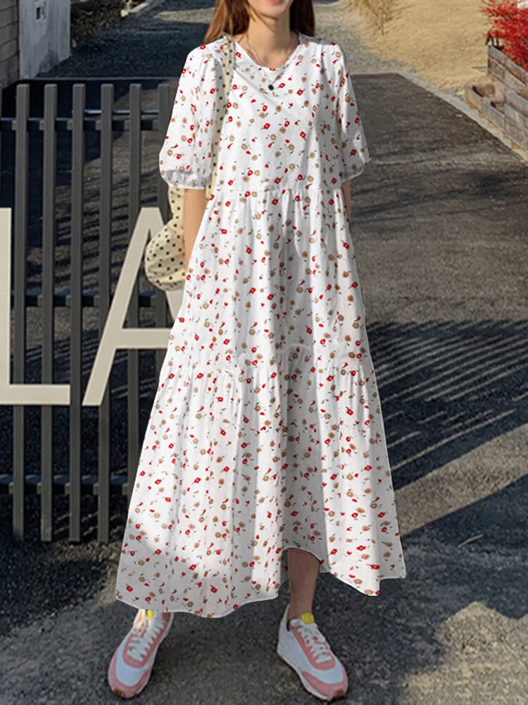(image for) Floral Print Pocket Half Sleeve Ruffle Casual Maxi Dress
