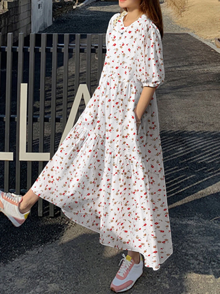 (image for) Floral Print Pocket Half Sleeve Ruffle Casual Maxi Dress