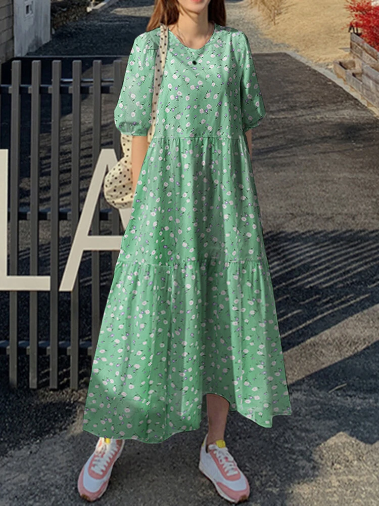 (image for) Floral Print Pocket Half Sleeve Ruffle Casual Maxi Dress