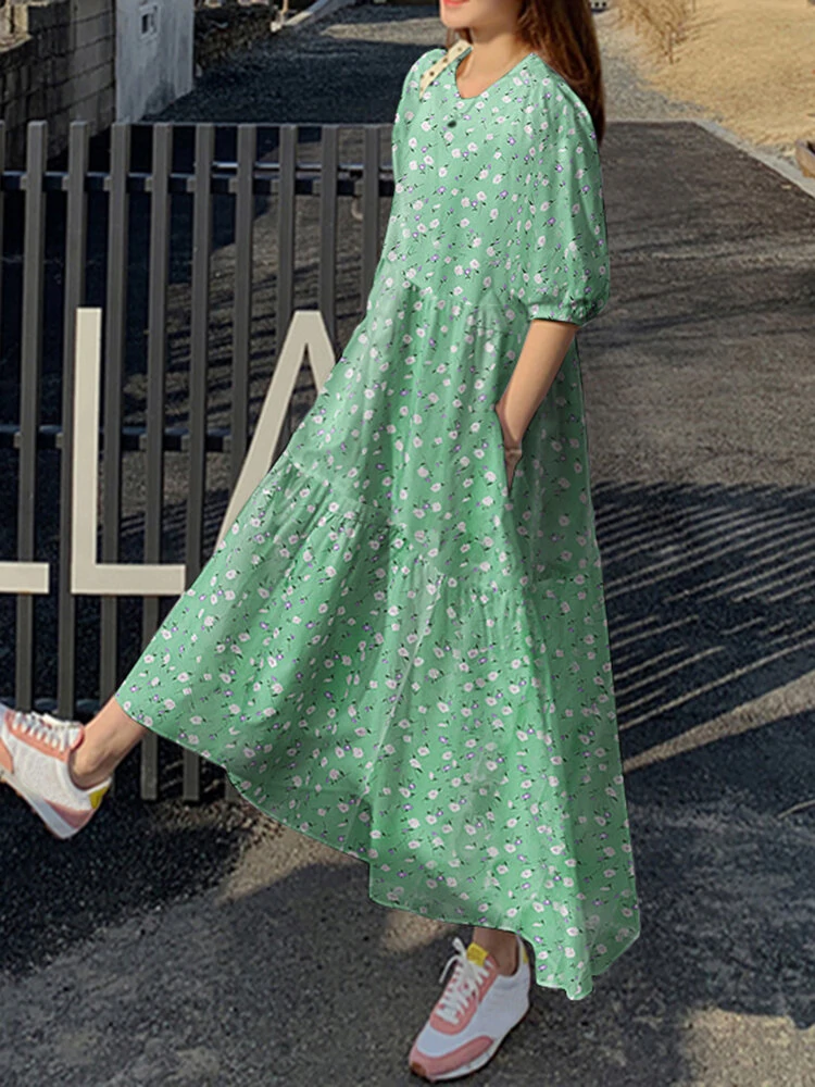 (image for) Floral Print Pocket Half Sleeve Ruffle Casual Maxi Dress