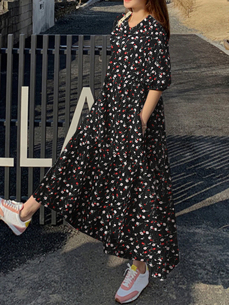 (image for) Floral Print Pocket Half Sleeve Ruffle Casual Maxi Dress