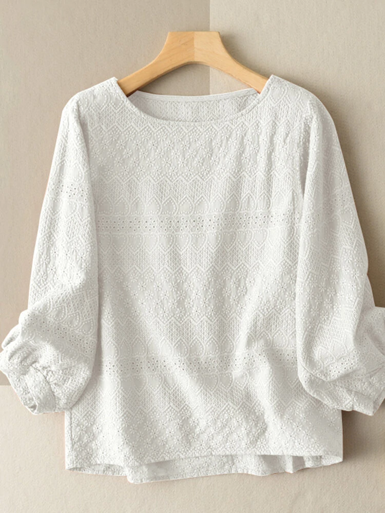(image for) Lace Solid Long Sleeve Crew Neck Casual Blouse