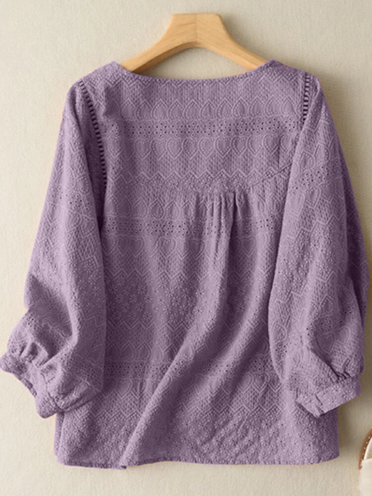 (image for) Lace Solid Long Sleeve Crew Neck Casual Blouse