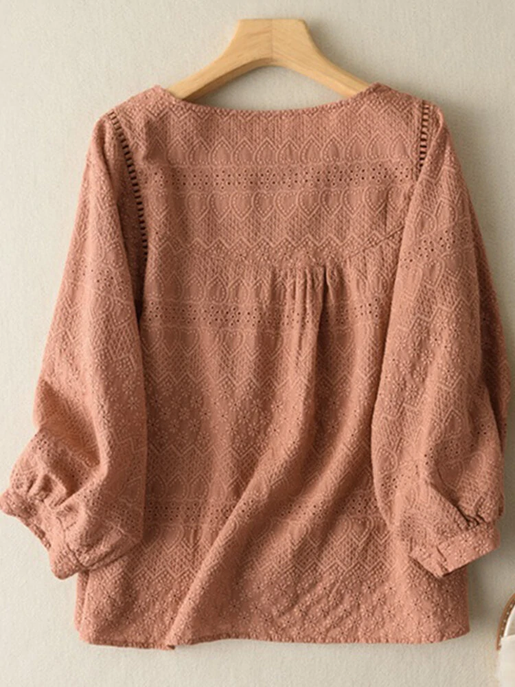 (image for) Lace Solid Long Sleeve Crew Neck Casual Blouse