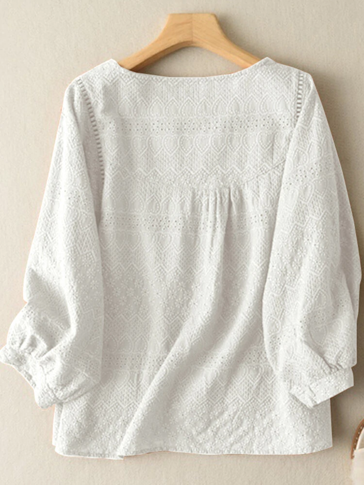 (image for) Lace Solid Long Sleeve Crew Neck Casual Blouse