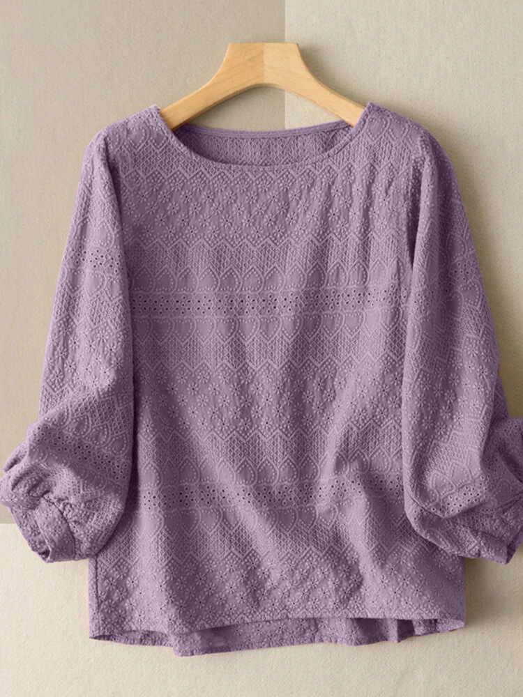 (image for) Lace Solid Long Sleeve Crew Neck Casual Blouse