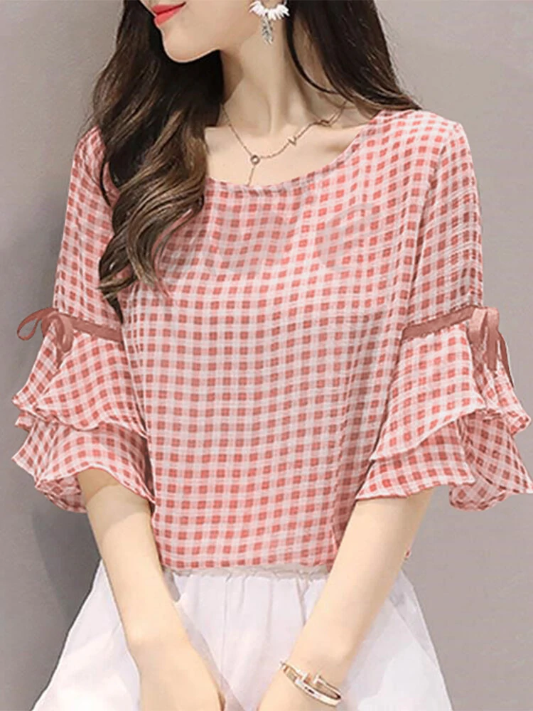 (image for) Plaid Knotted Patchwork Ruffle Sleeve Round Neck Blouse