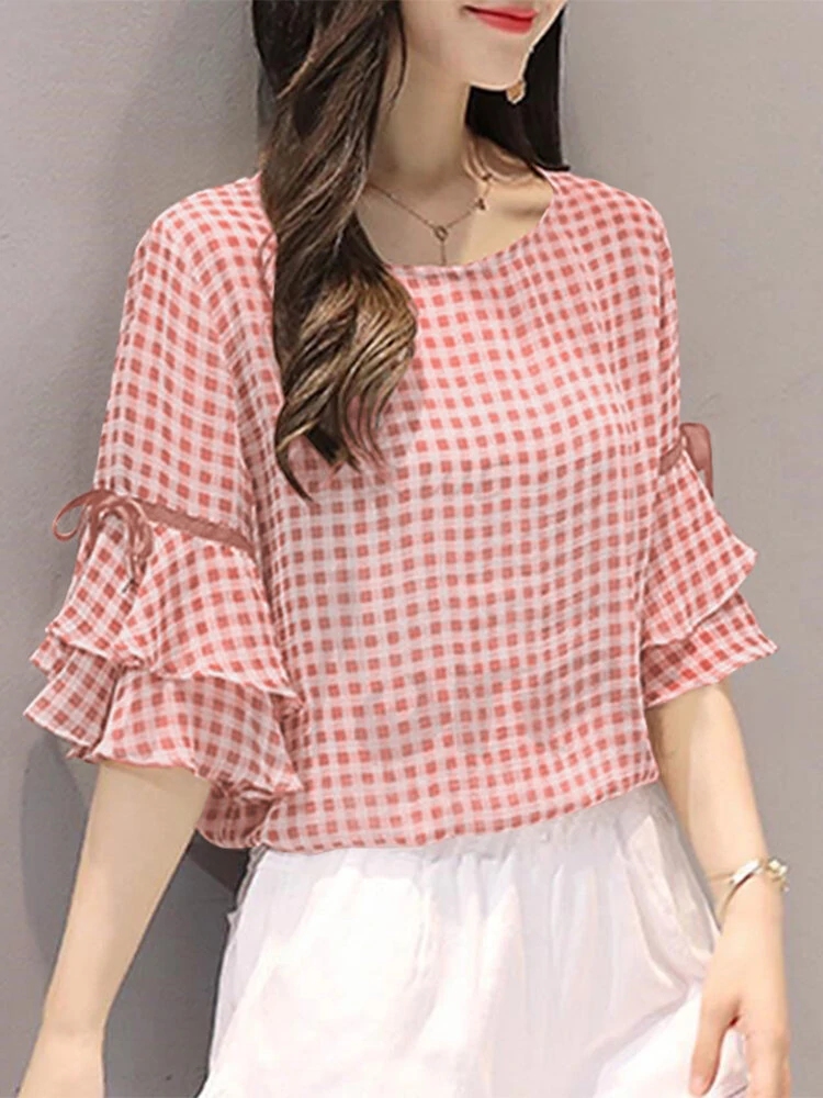 (image for) Plaid Knotted Patchwork Ruffle Sleeve Round Neck Blouse