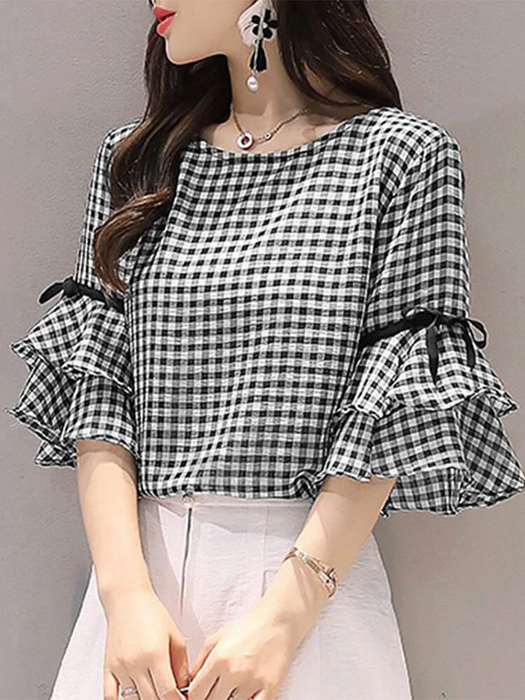 (image for) Plaid Knotted Patchwork Ruffle Sleeve Round Neck Blouse
