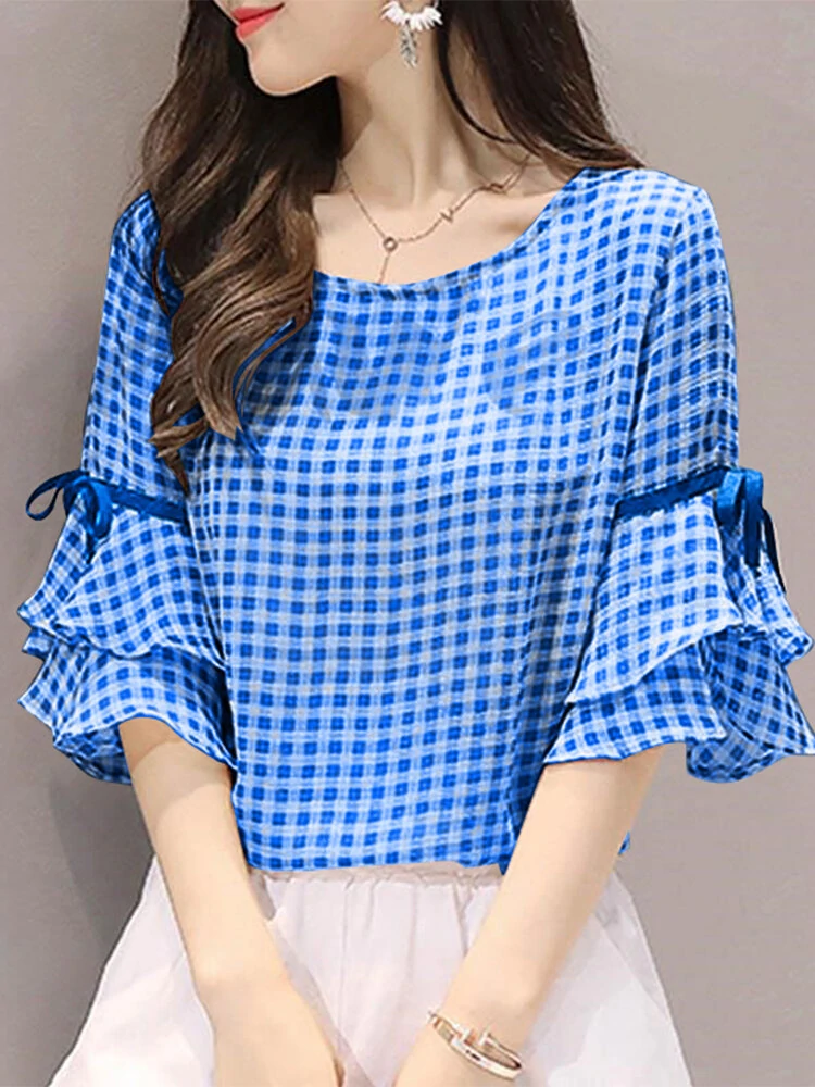(image for) Plaid Knotted Patchwork Ruffle Sleeve Round Neck Blouse