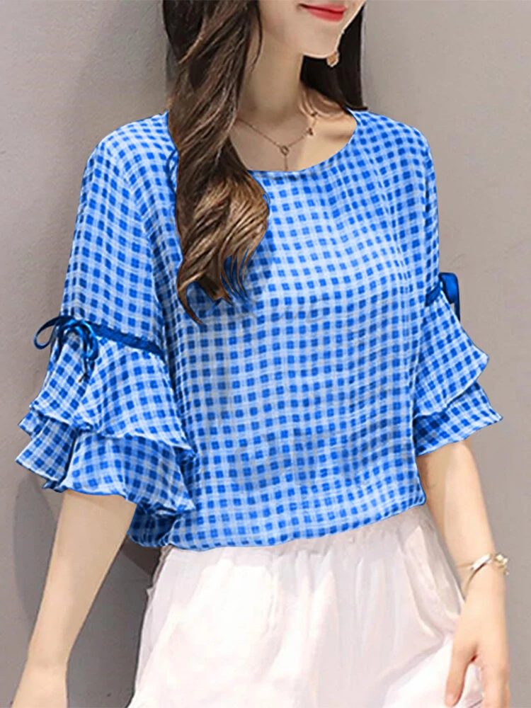 (image for) Plaid Knotted Patchwork Ruffle Sleeve Round Neck Blouse