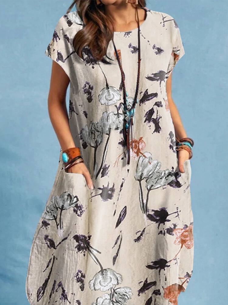 (image for) Plant Print Pocket Short Sleeve Casual Midi Dress