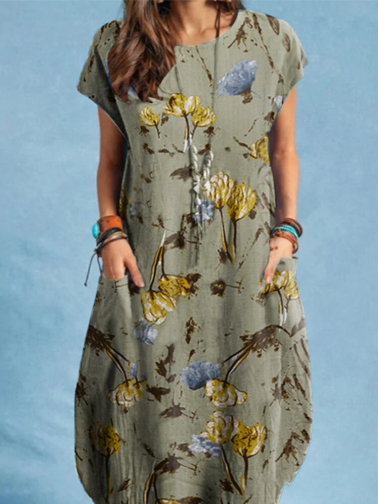 (image for) Plant Print Pocket Short Sleeve Casual Midi Dress