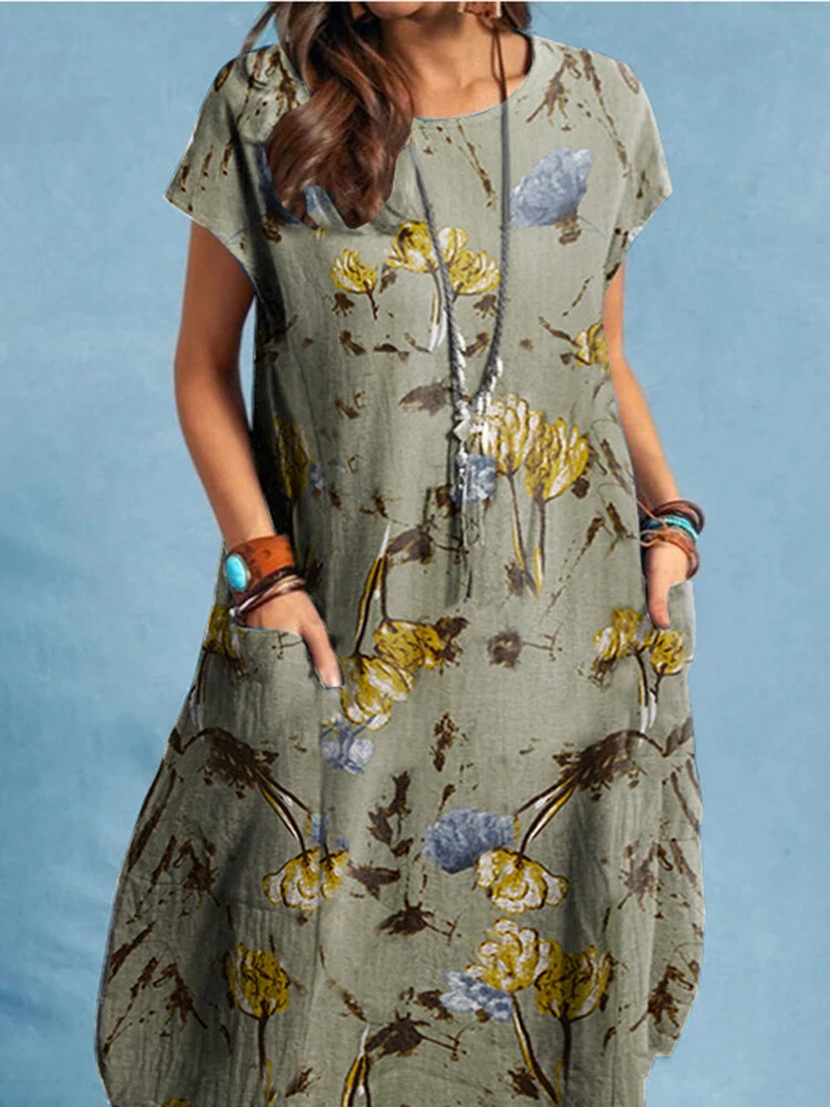 (image for) Plant Print Pocket Short Sleeve Casual Midi Dress