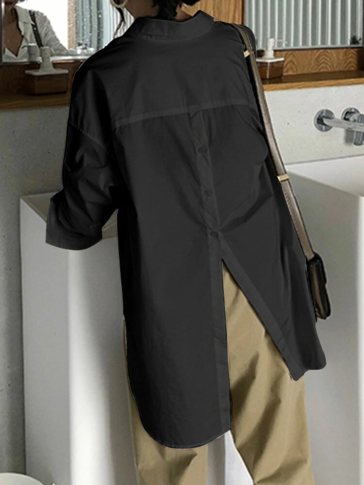 (image for) Plus Size Women Long Sleeve Button Solid Color Casual Shirts