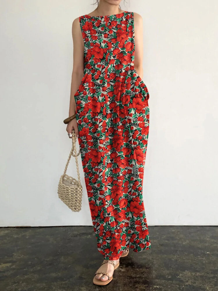 (image for) Pocket Floral Print Round Neck Sleeveless Maxi Dress