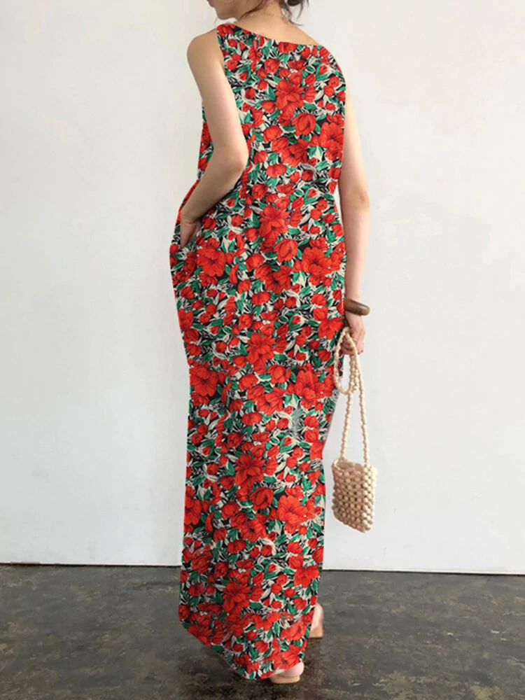 (image for) Pocket Floral Print Round Neck Sleeveless Maxi Dress