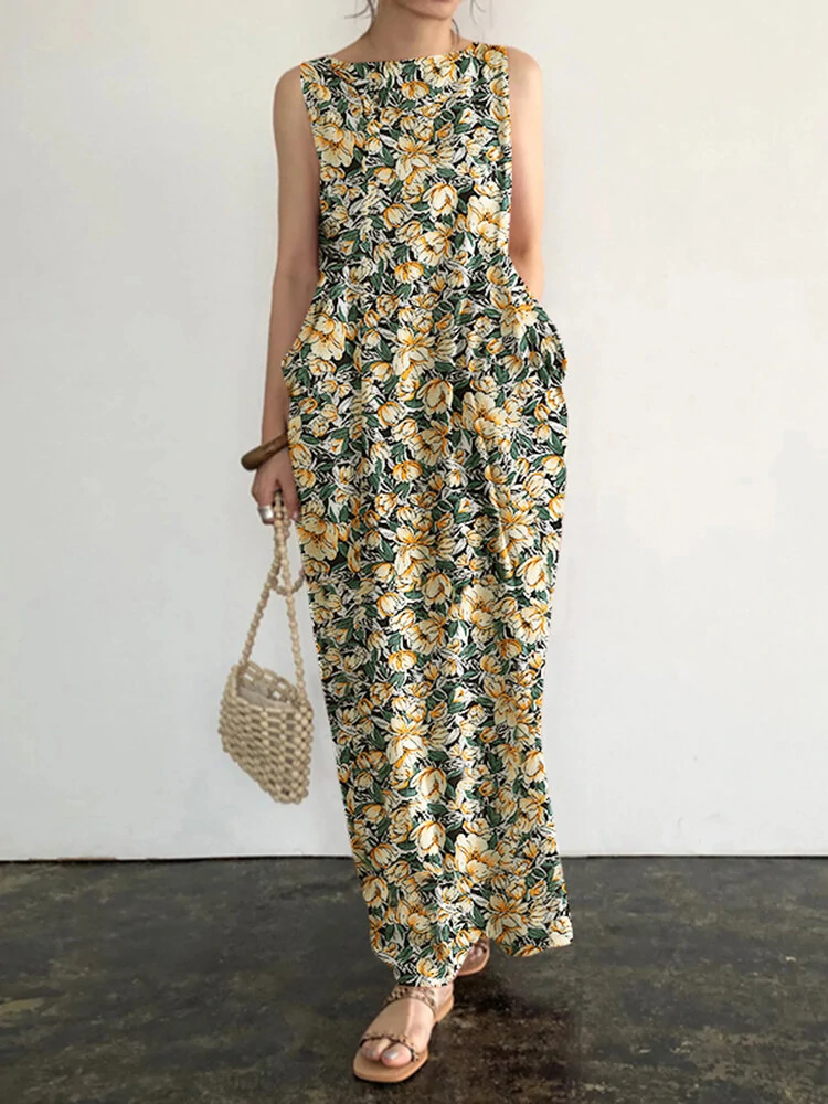 (image for) Pocket Floral Print Round Neck Sleeveless Maxi Dress