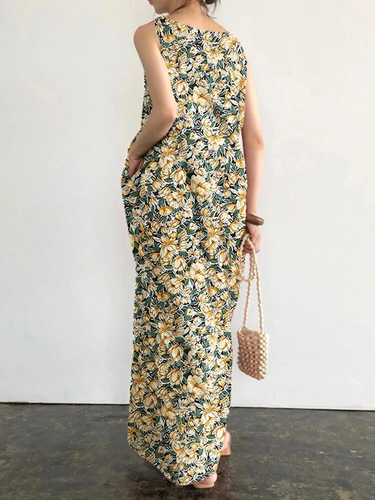 (image for) Pocket Floral Print Round Neck Sleeveless Maxi Dress