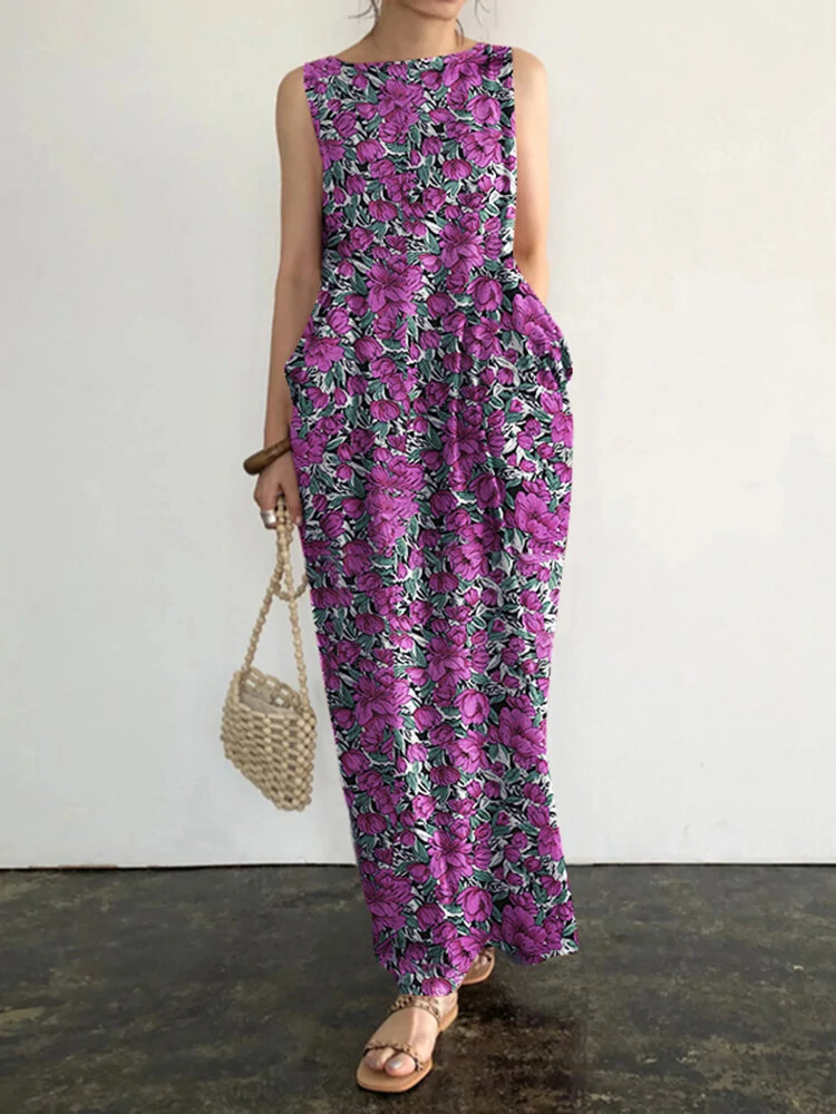 (image for) Pocket Floral Print Round Neck Sleeveless Maxi Dress
