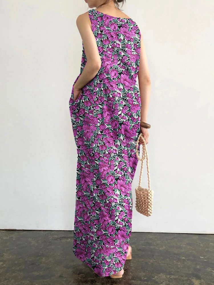 (image for) Pocket Floral Print Round Neck Sleeveless Maxi Dress