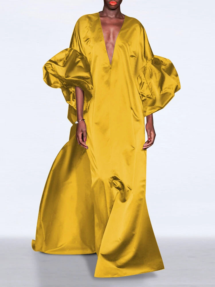 (image for) Puff Sleeve Ruffles Loose Fit V-Neck Leisure Maxi Dress For Women