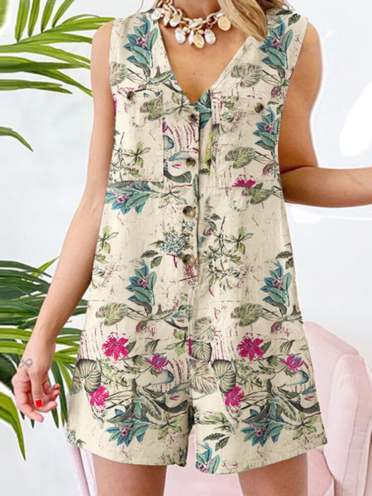 (image for) Sleeveless Button Print Flower Pocket Regular Fit Jumpsuit