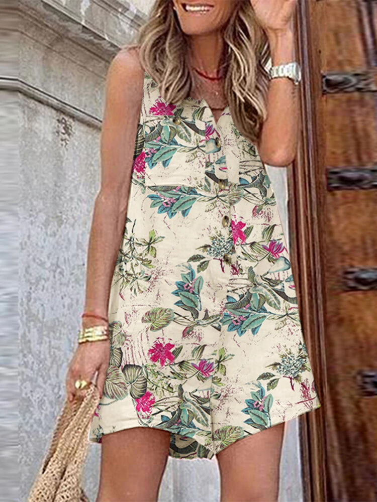 (image for) Sleeveless Button Print Flower Pocket Regular Fit Jumpsuit