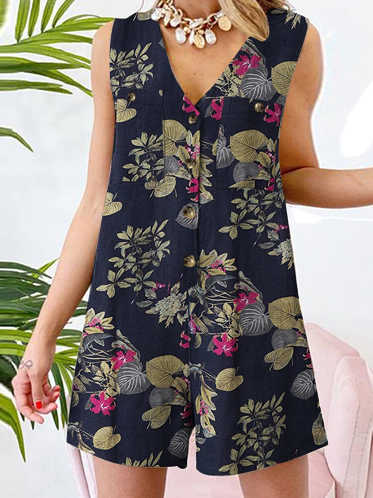 (image for) Sleeveless Button Print Flower Pocket Regular Fit Jumpsuit