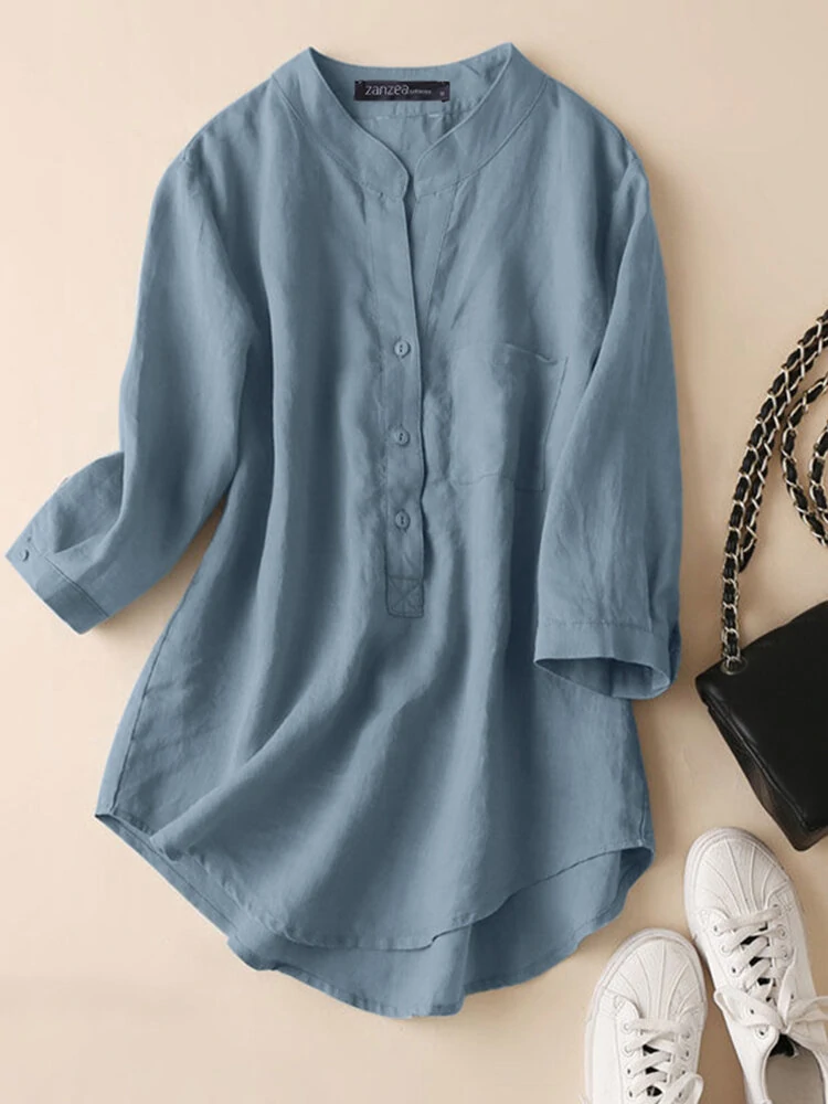 (image for) Solid Button Pocket High-Low Hem Casual Cotton Blouse