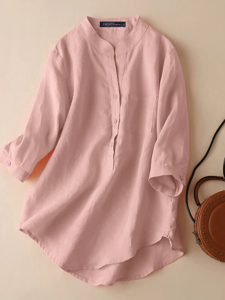 (image for) Solid Button Pocket High-Low Hem Casual Cotton Blouse