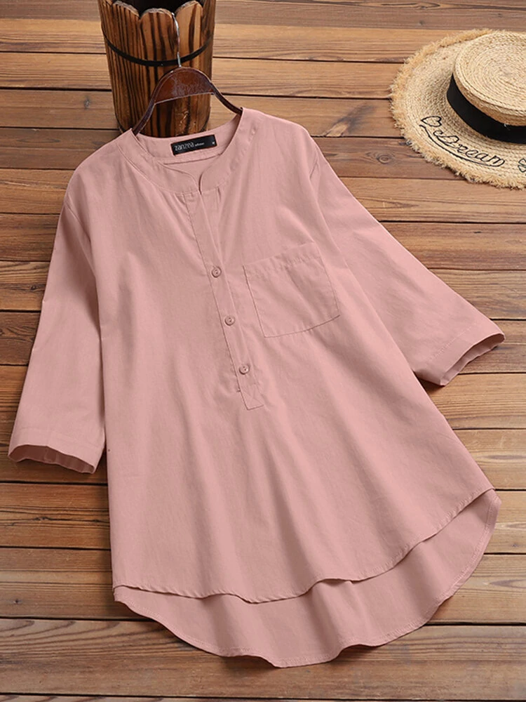 (image for) Solid Button Pocket High-Low Hem Casual Cotton Blouse