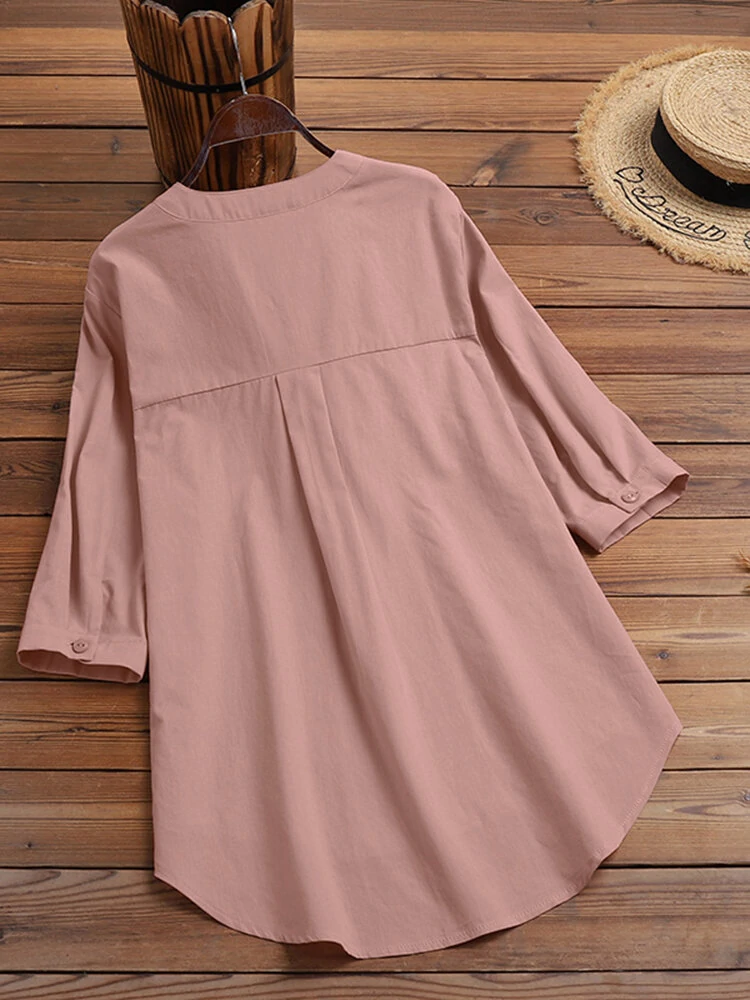 (image for) Solid Button Pocket High-Low Hem Casual Cotton Blouse
