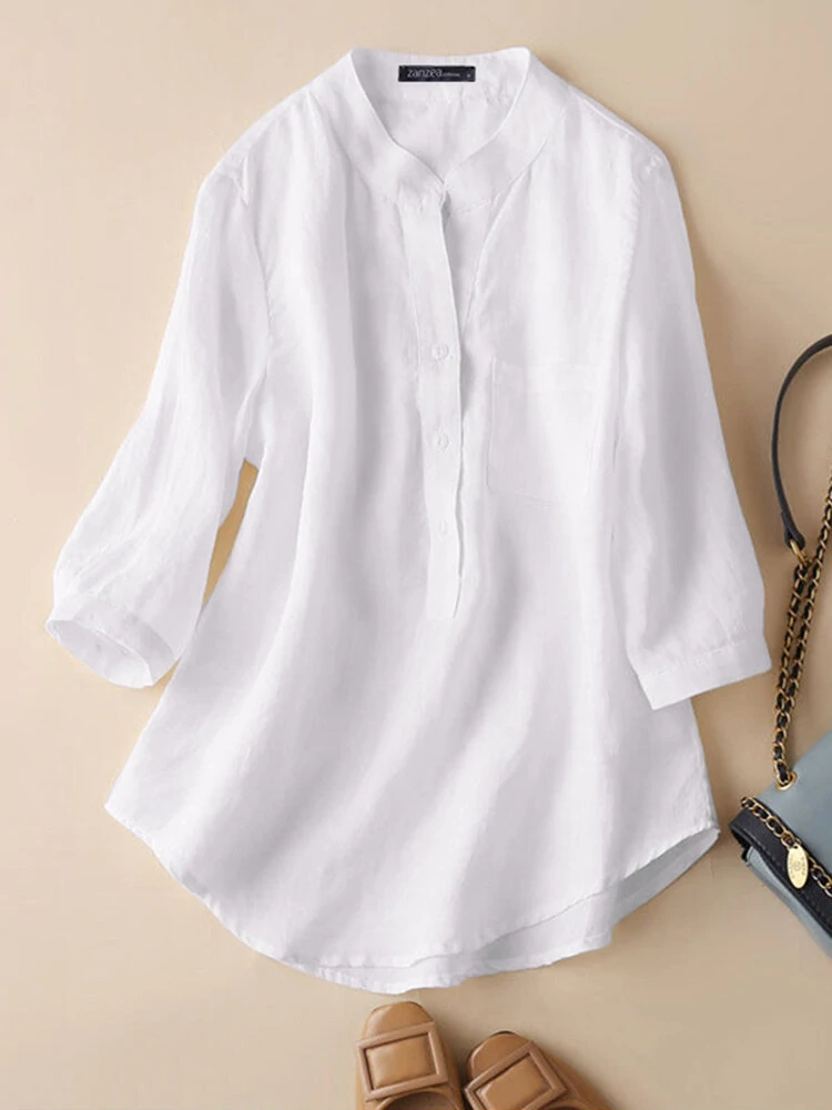 (image for) Solid Button Pocket High-Low Hem Casual Cotton Blouse