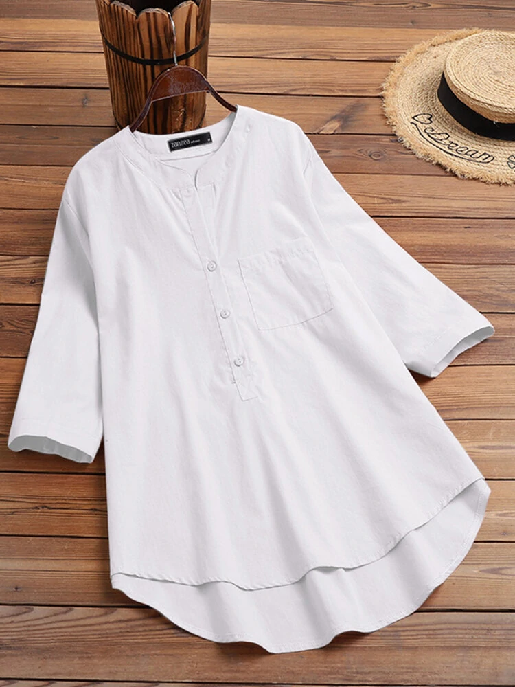 (image for) Solid Button Pocket High-Low Hem Casual Cotton Blouse